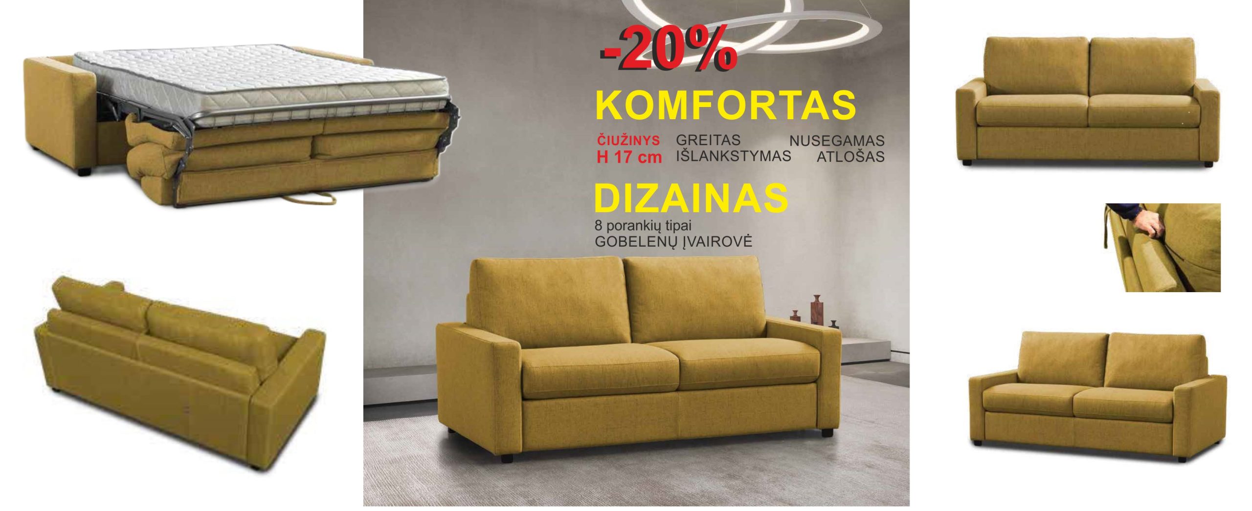 Cambronne itališka sofa lova su 17cm čiužiniu minkšti baldai Monoidėja